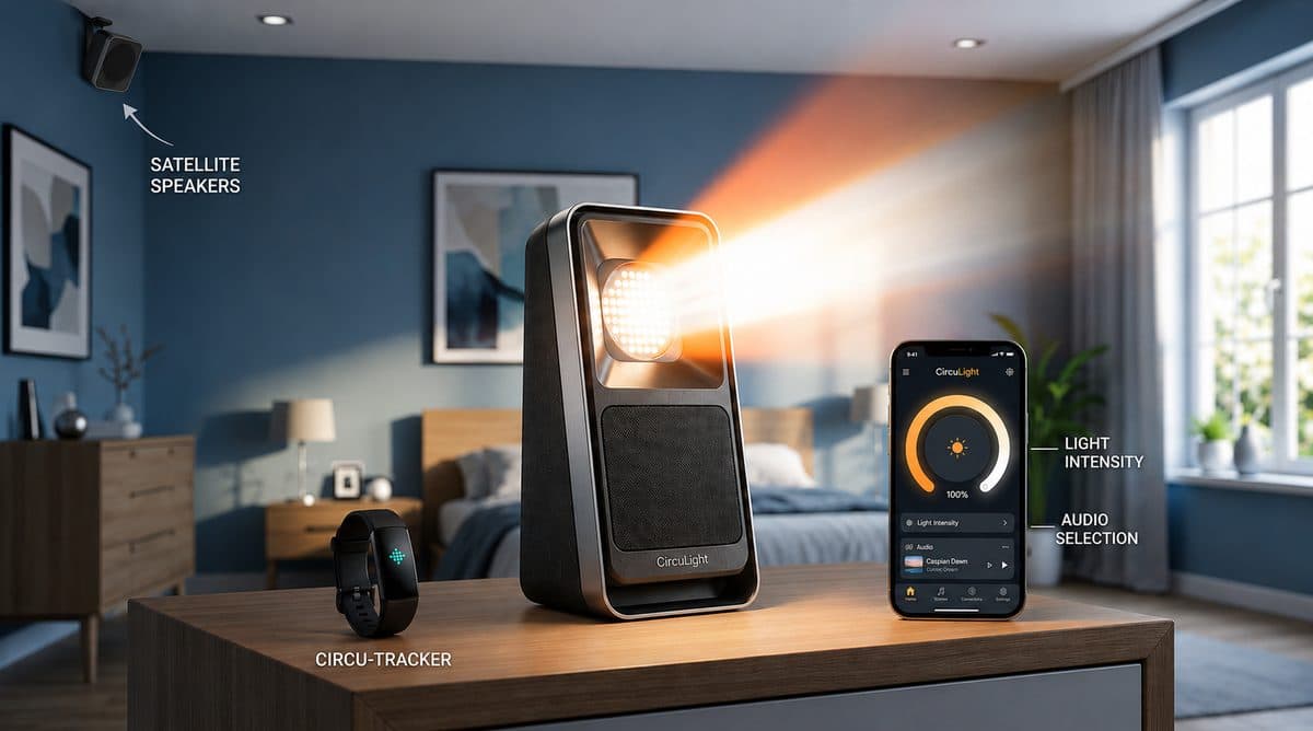 The CircuLight website homepage — a dark navy hero with a sunrise device.
